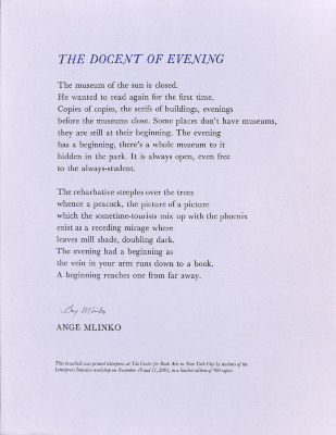 The Docent of Evening / Ange Mlinko