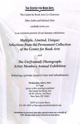 [Invitation to an exhibition preview of "Multiple, Limited, Unique: Selections from the Permanent Collection of the Center for Book Arts" and "The Un(framed) Photograph: Artist Members Annual Exhibition"]