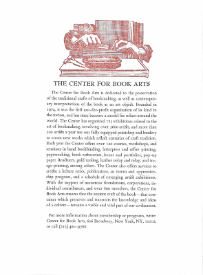 The Center for Book Arts : The Center for Book Arts is Dedicated to the Preservation of the Traditional Crafts of Bookmaking ... / [Center for Book Arts]
