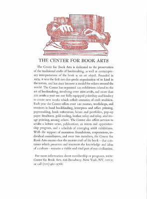 The Center for Book Arts : The Center for Book Arts is Dedicated to the Preservation of the Traditional Crafts of Bookmaking ... / [Center for Book Arts]