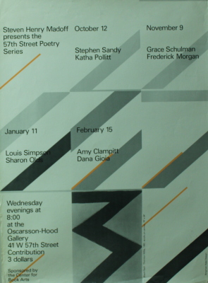 Stephen Henry Madoff Presents The 57th Street Poetry Series : October 12, Stephen Sandy, Katha Pollitt : November 9, Grace Schulman, Frederick Morgan : January 11, Louis Simpson, Sharon Olds : February 15, Amy Clampitt, Dana Gioia : Wednesday Evenings at 8:00 at the Oscarsson-Hood Gallery 41 West 57th Street ... / Center for Book Arts ; Bergman Hake Design