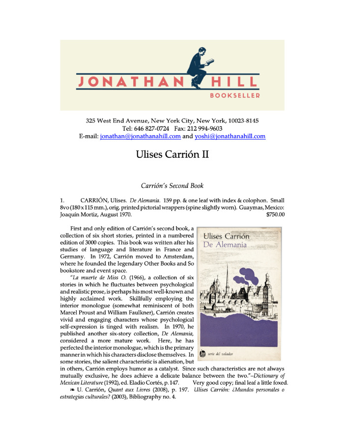 Ulises Carrión II [price list] / Jonathan A. Hill, Bookseller, Inc.