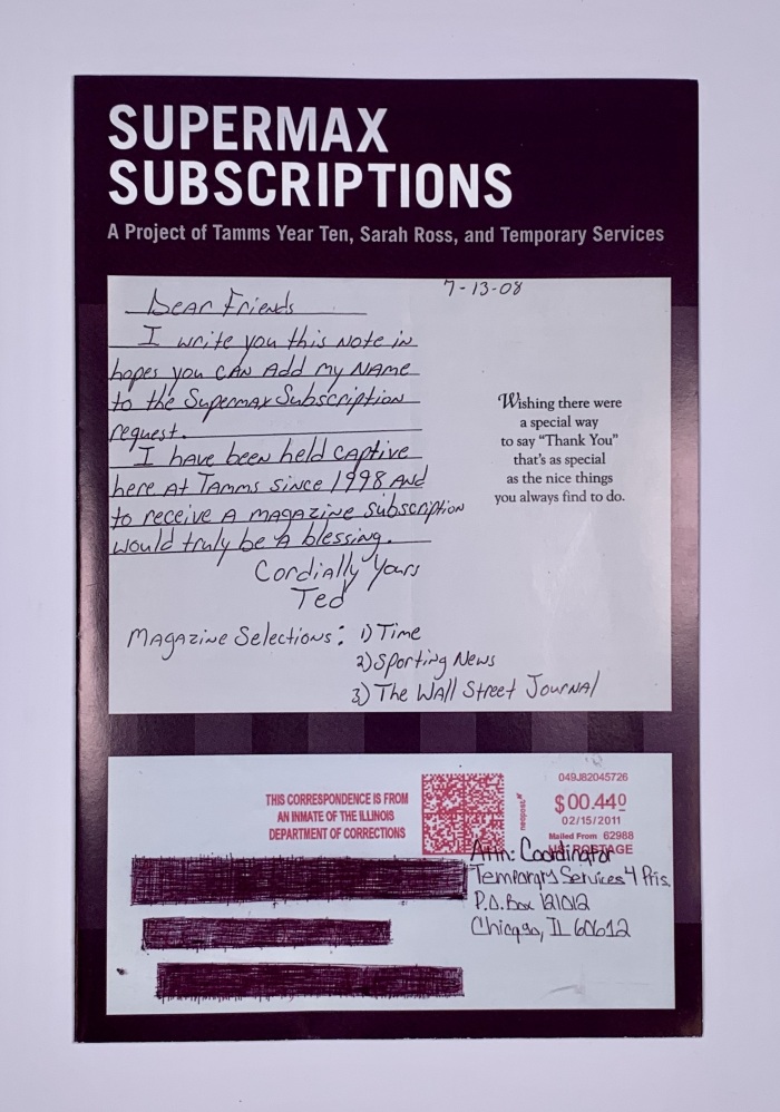 Supermax Subscriptions / Temporary Services, Tamms Year Ten, and Sarah Ross