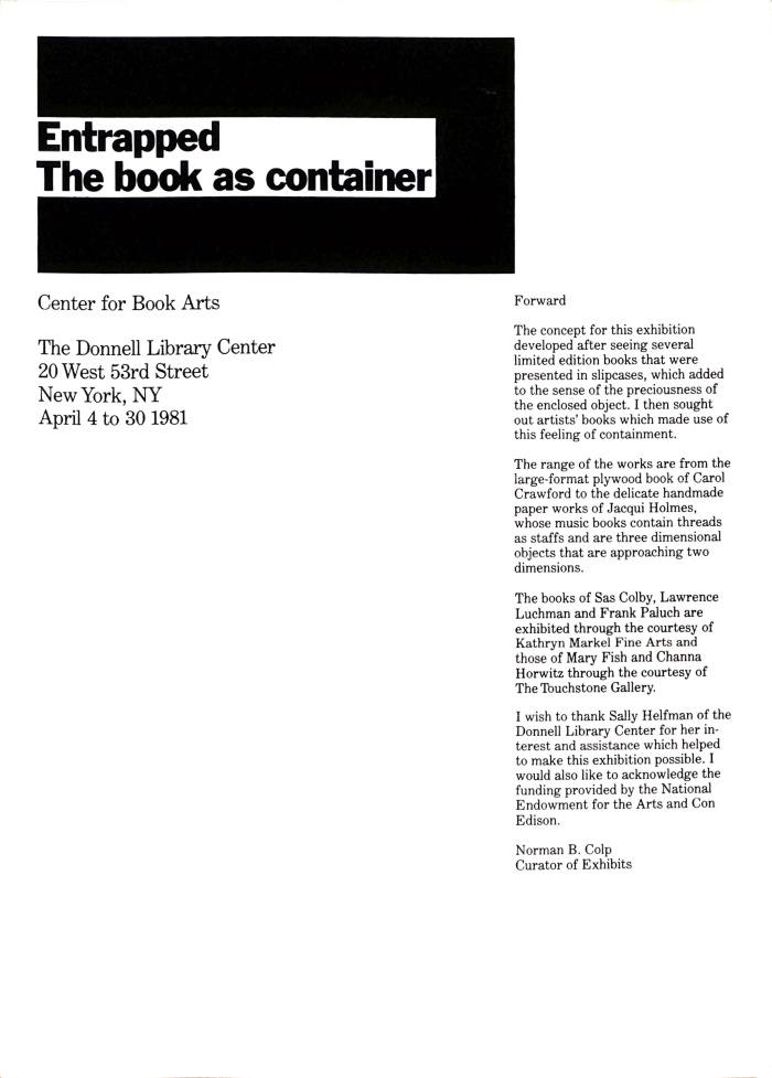[Exhibition catalog for "Entrapped: The book as container"]