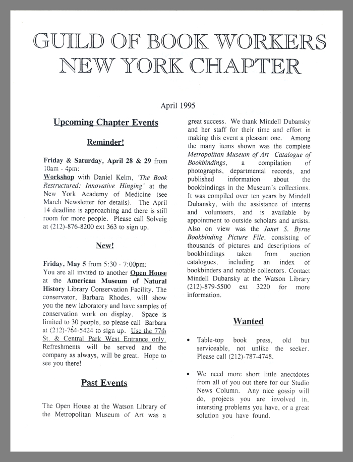 Guild of Book Workers New York Chapter Newsletter / Guild of Book Workers