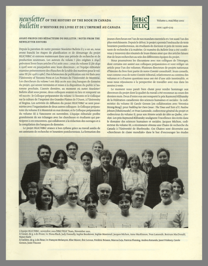 Newsletter of the History of the Book in Canada / History of the Book in Canada Project