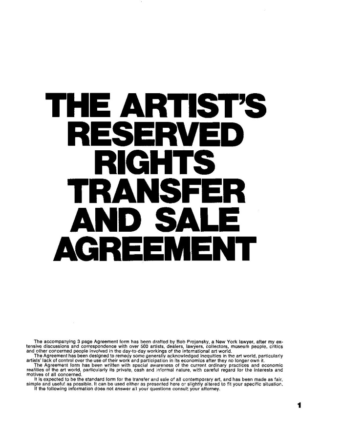 The Artist's Reserved Rights Transfer and Sale Agreement / Seth Siegelaub, Bob Projansky