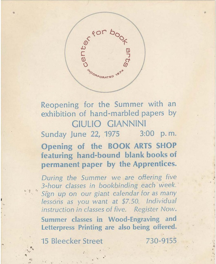 [Advertisement for the Center for Book Art's 1975 summer reopening and exhibition by Giulio Giannini] / The Center for Book Arts