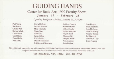 [Postcard advertising "Guiding Hands: Center for Book Arts 1992 Faculty Show"]
