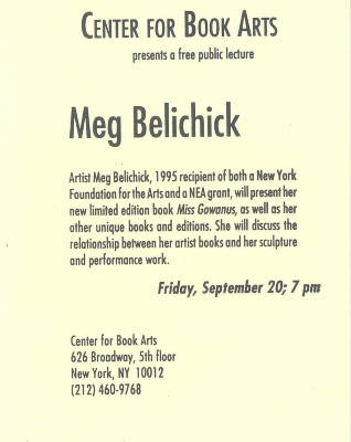 [Postcard advertising a lecture by Meg Belichick]
