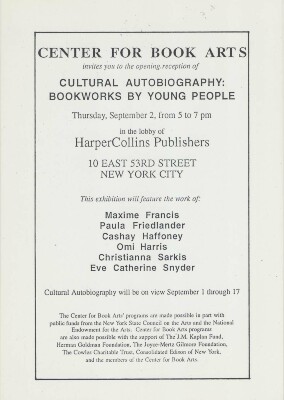 [Postcard invitation to opening of "Cultural Autobiography: Bookworks by Young People"]
