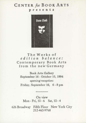 [Postcard advertising "The Works of Edition Balance: Contemporary Book Arts from the new Germany"]
