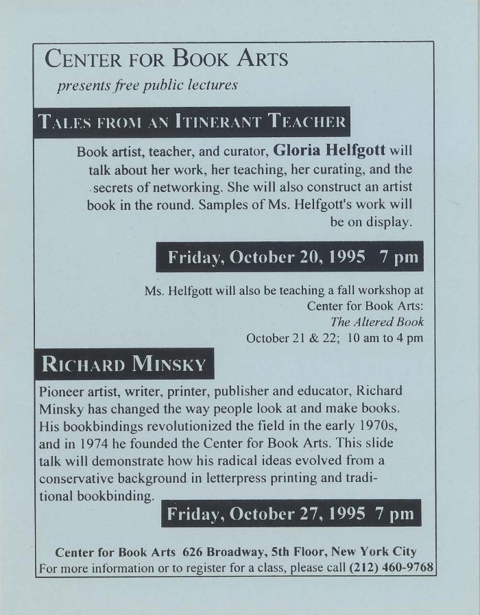 [Postcard advertising lectures by Gloria Helfgott and Richard Minsky]
