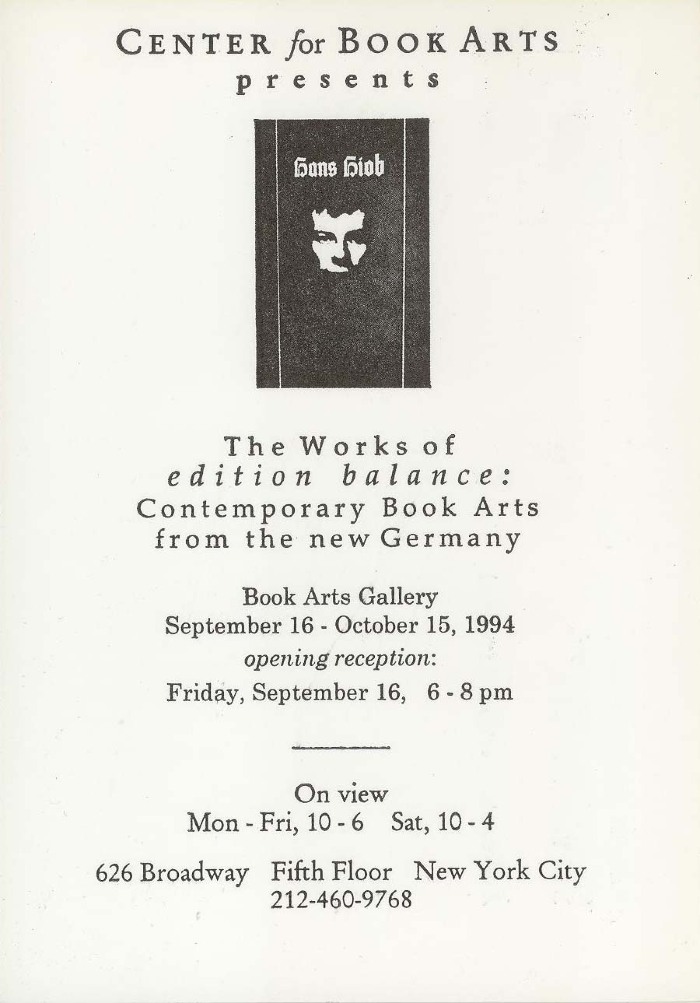 [Postcard advertising "The Works of Edition Balance: Contemporary Book Arts from the new Germany"]
