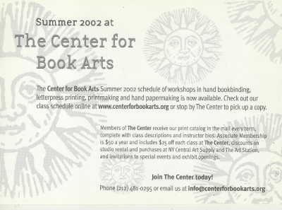 [Postcard advertising summer 2002 programming and membership benefits at the Center for Book Arts]
