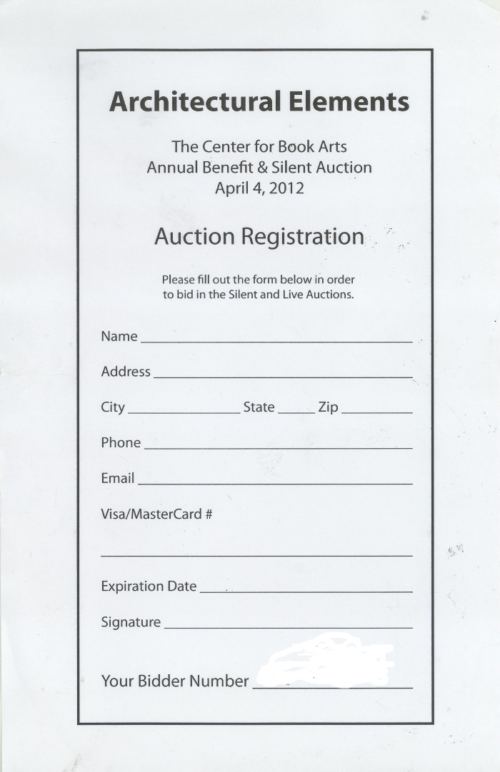 [Auction registration form for the Center for Book Arts' 2012 annual beneft and auction]
