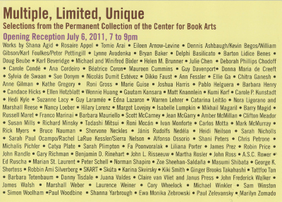 [Postcard advertising "Multiple, Limited, Unique: Selections from the Permanent Collection of the Center for Book Arts" and "The Un[framed] Photograph: Artist Members Annual Exhibition"]