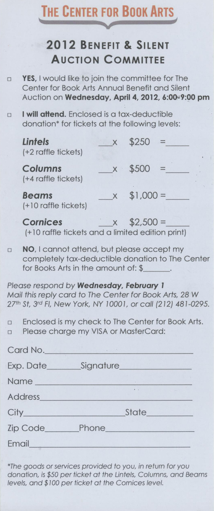 [RSVP card for the Center for Book Arts' 2012 annual benefit and silent auction]
