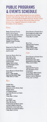 [Flyer advertising public programs, events, and opportunities for artists and poets at the Center for Book Arts in the spring of 2014]
