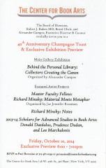 [Invitation to an exhibition preview of "Behind the Personal Library" and featured artist projects and a champagne toast in honor of the Center for Book Arts' 40th anniversary]