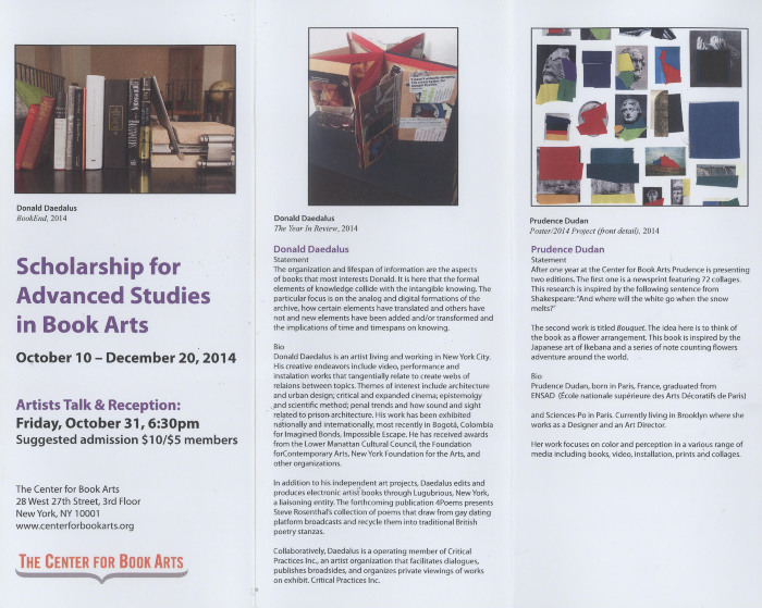 [Exhibition brochure for "2014 Scholarship for Advanced Studies in Book Arts"]
