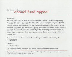 [Card with the Center for Book Art's 2007 annual appeal]
