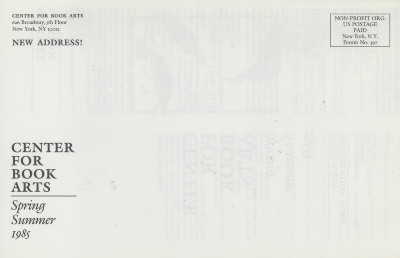 [Class and workshop schedule at the Center for Book Arts for spring / summer 1985]
