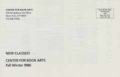 [Class and workshop schedule at the Center for Book Arts for fall / winter 1986]
