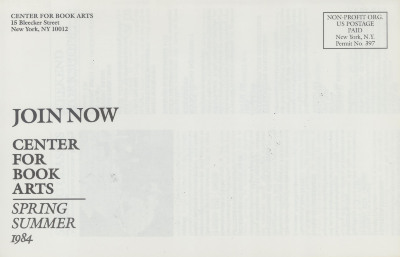 [Class and workshop schedule at the Center for Book Arts for spring / summer 1984]
