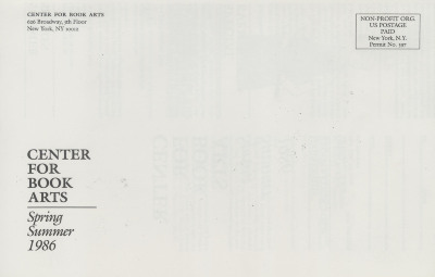 [Class and workshop schedule at the Center for Book Arts for spring / summer 1986]
