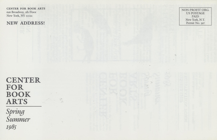 [Class and workshop schedule at the Center for Book Arts for spring / summer 1985]
