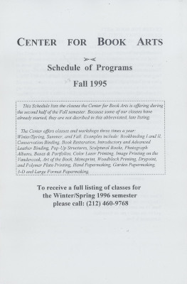 [Schedule of programs for the Center for Book Arts for fall of 1995]
