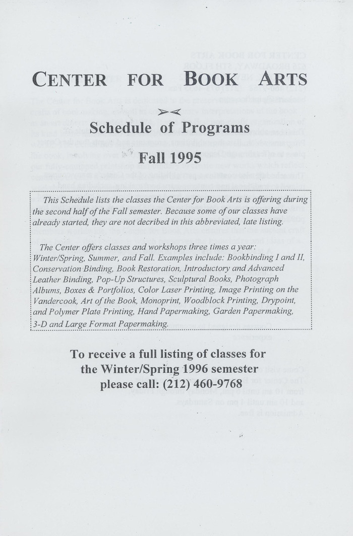 [Schedule of programs for the Center for Book Arts for fall of 1995]
