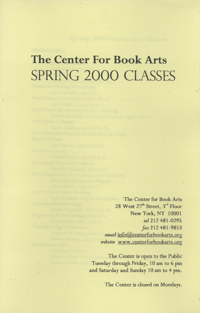 [Course schedule for the Center for Book Arts for spring 2000]
