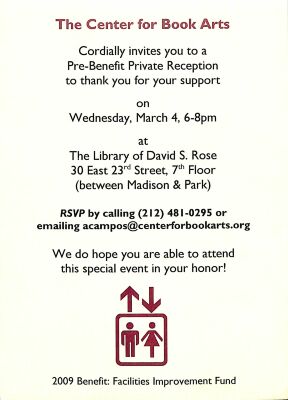 [Invitation to a private reception before the 2009 Center for Book Arts annual benefit]
