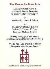 [Invitation to a private reception before the 2009 Center for Book Arts annual benefit]
